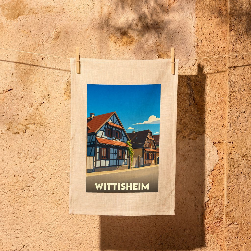 Torchon souvenir de la ville de Wittisheim illustré d'une scène de rue typique avec des maisons à colombages.