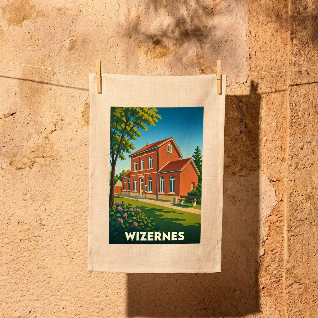 Torchon souvenir de la ville de Wizernes illustré d'un bâtiment en briques rouges dans un style rétro.