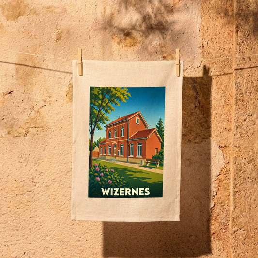 Torchon souvenir de la ville de Wizernes illustré d'un bâtiment en briques rouges dans un style rétro.