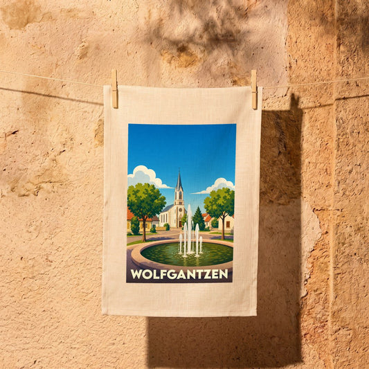 Torchon souvenir de la ville de Wolfgantzen avec une illustration stylisée d'une fontaine et d'une église.