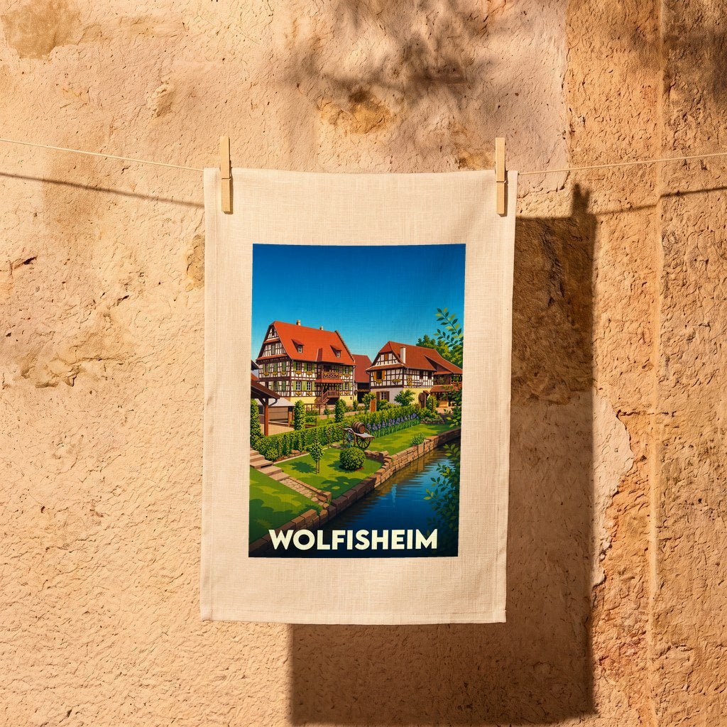 Torchon souvenir de la ville de Wolfisheim avec une illustration stylisée de maisons à colombages au bord de l'eau.
