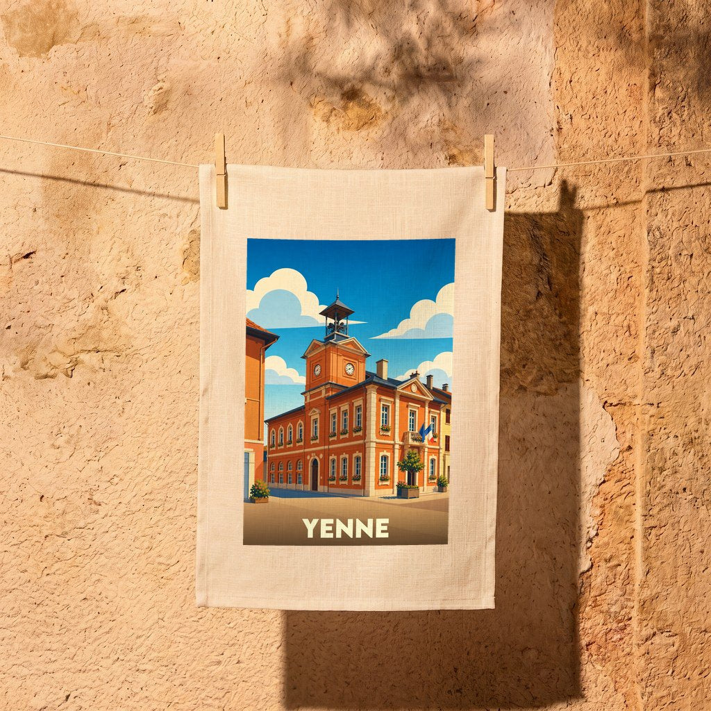 Torchon souvenir de la ville de Yenne avec une illustration stylisée de son hôtel de ville.