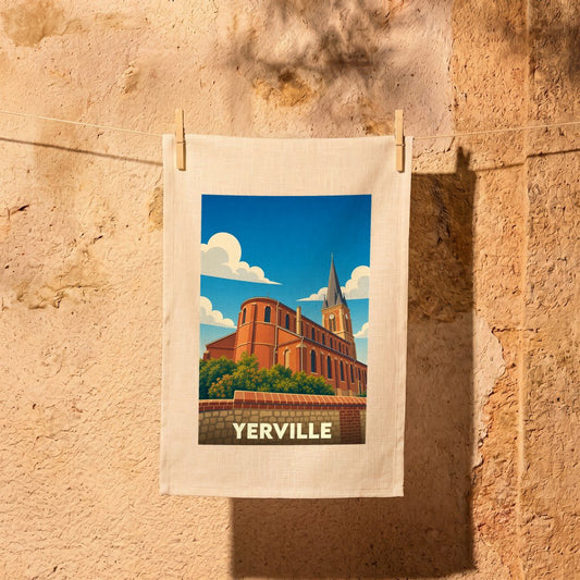 Torchon souvenir de la ville de Yerville avec une illustration stylisée de son église sur un mur en pierre.