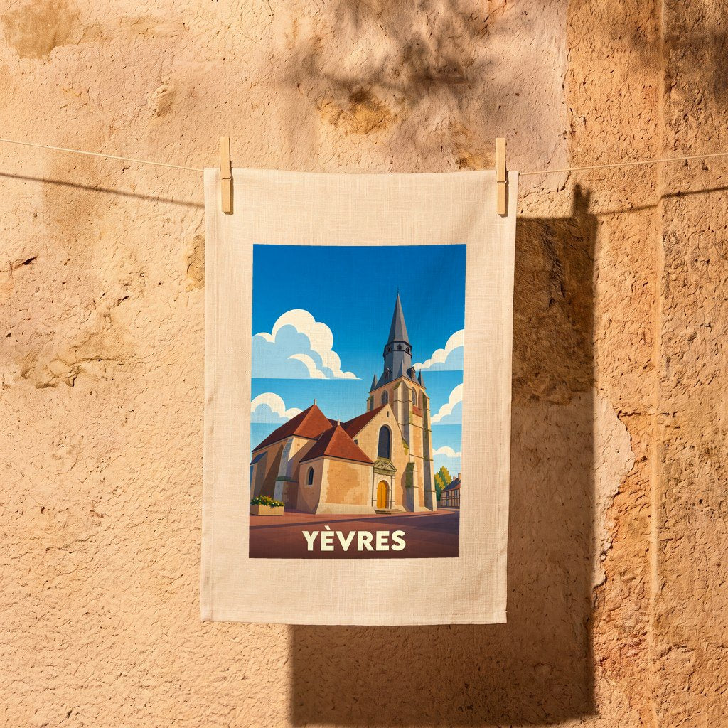 Torchon souvenir de la ville de Yèvres avec une illustration stylisée de son église sous un ciel bleu.