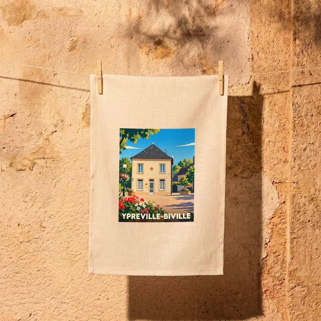 Torchon souvenir de la ville de Ypreville-Biville avec une illustration stylisée d'une maison de village.