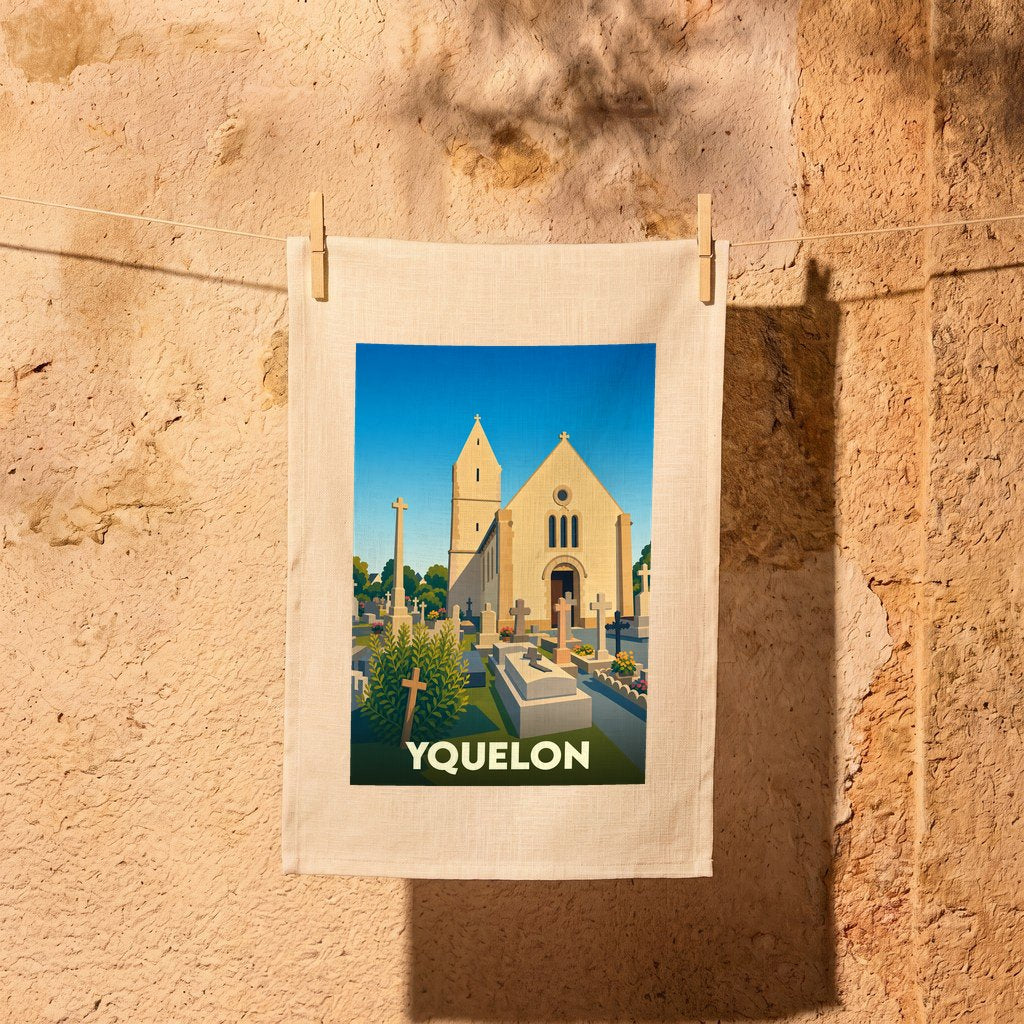 Torchon souvenir de la ville d'Yquelon avec une illustration stylisée d'une église et de son cimetière.