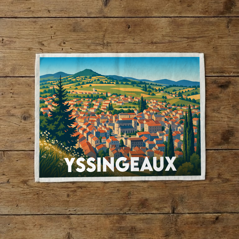 Torchon souvenir de la ville d'Yssingeaux avec une illustration stylisée d'un paysage de collines et de toits rouges.