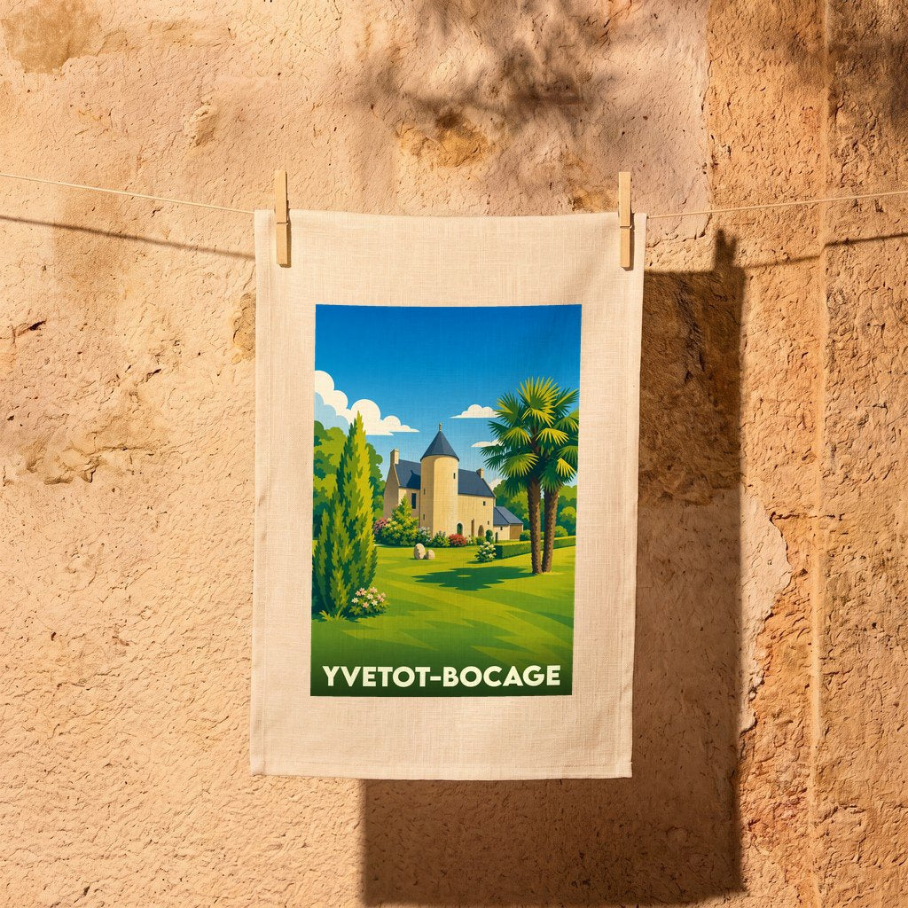 Torchon souvenir de la ville d'Yvetot-Bocage avec une illustration stylisée de son paysage et de son patrimoine.