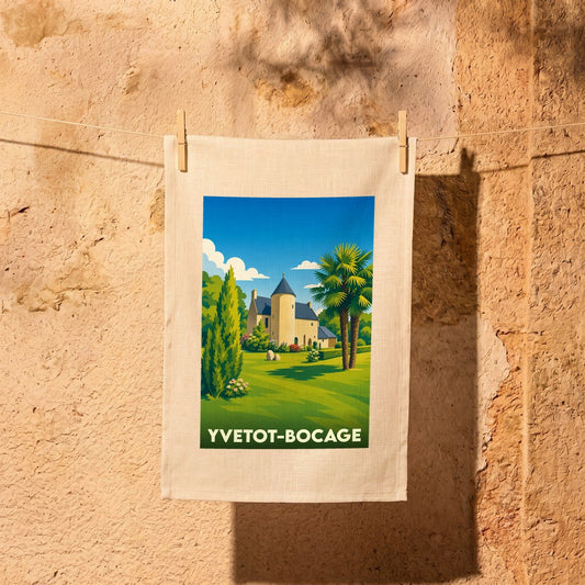 Torchon souvenir de la ville d'Yvetot-Bocage avec une illustration stylisée de son paysage et de son patrimoine.