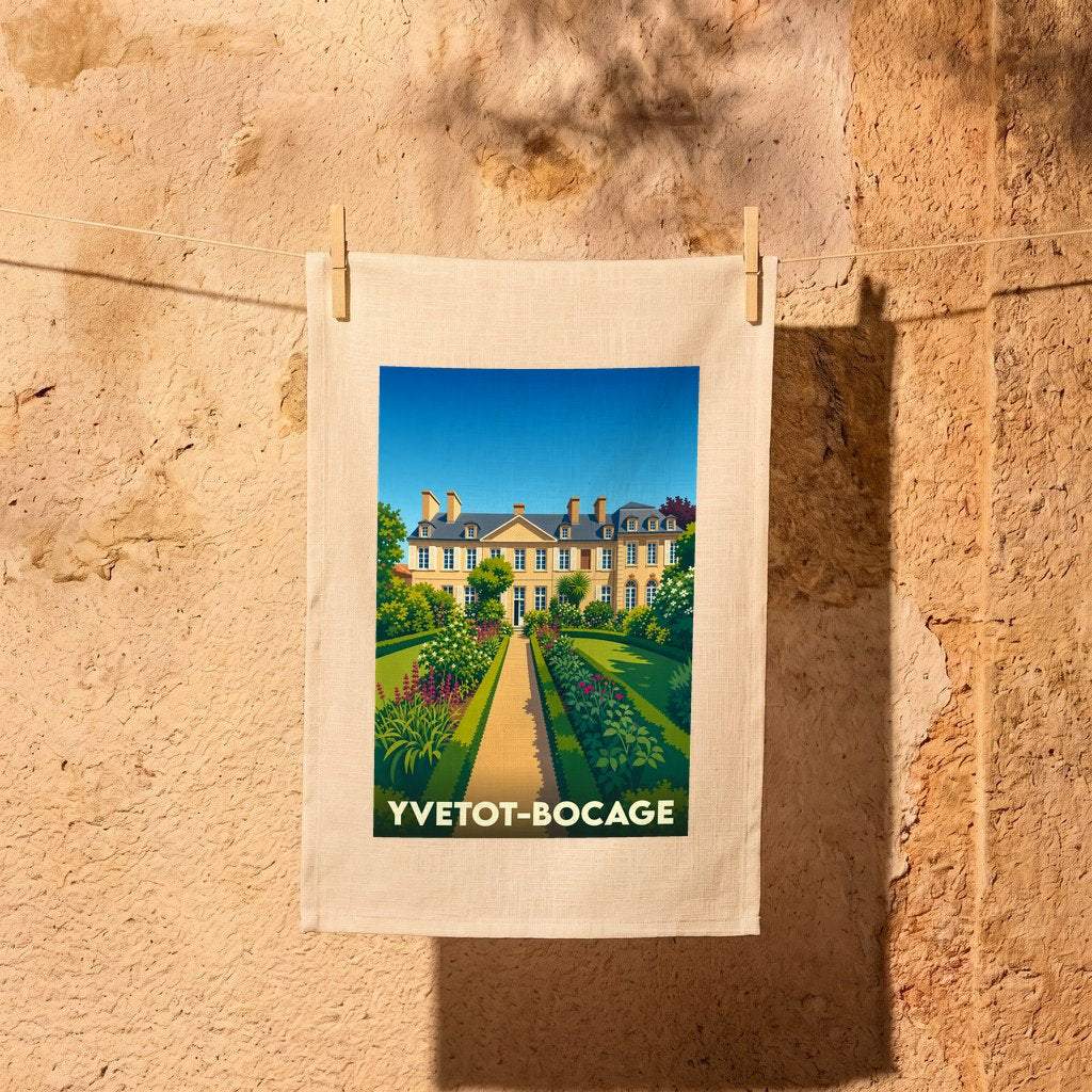 Torchon souvenir de la ville d'Yvetot-Bocage avec une illustration stylisée d'un manoir et de ses jardins.