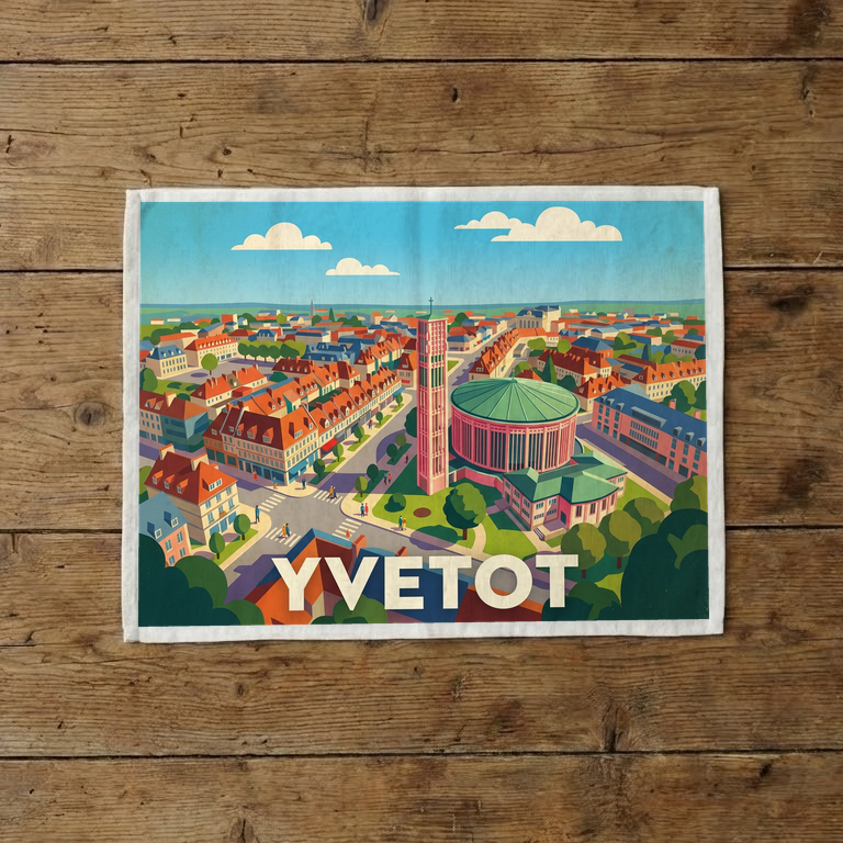 Torchon souvenir de la ville d'Yvetot avec une illustration colorée et stylisée de son paysage urbain.