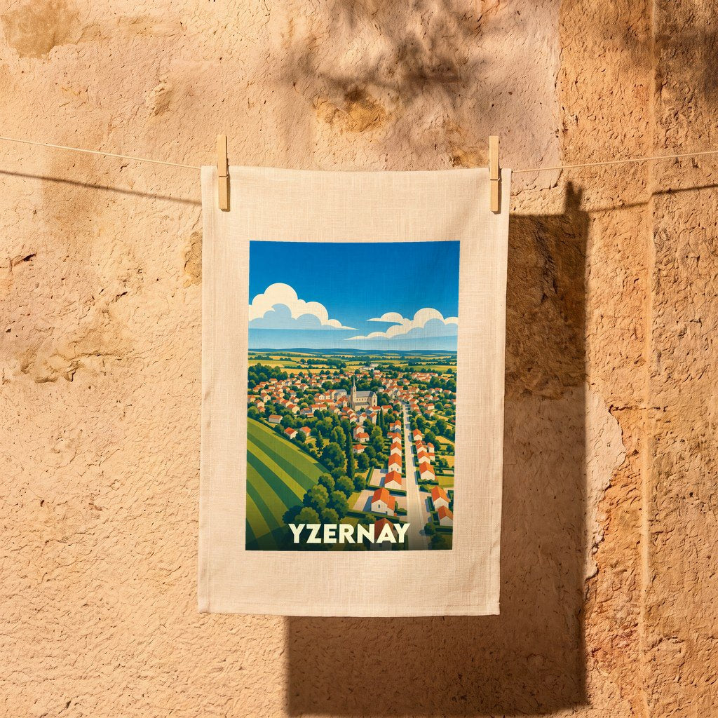 Torchon souvenir de la ville d'Yzernay avec une illustration panoramique stylisée.