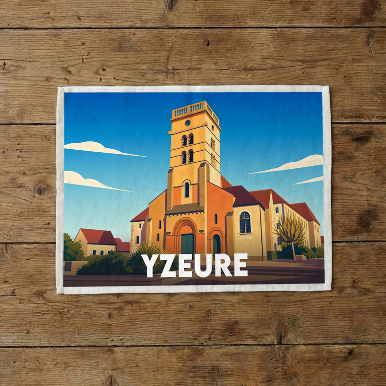 Torchon souvenir de la ville d'Yzeure avec une illustration stylisée de son église.
