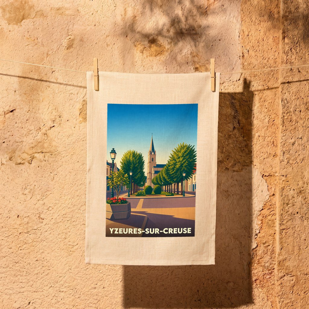 Torchon souvenir de la ville d'Yzeures-sur-Creuse avec une illustration stylisée de sa place principale et de son église.