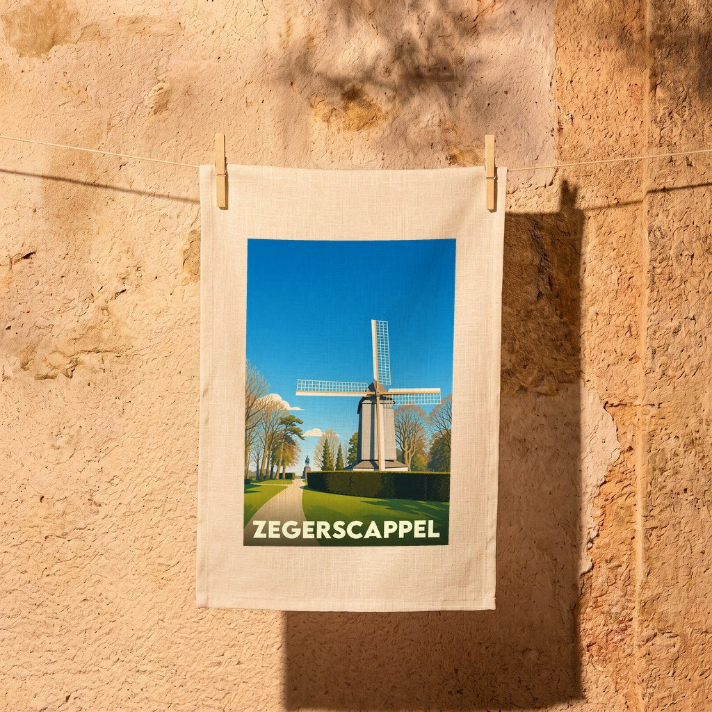 Torchon souvenir de la ville de Zegerscappel orné d'une illustration stylisée de son moulin.