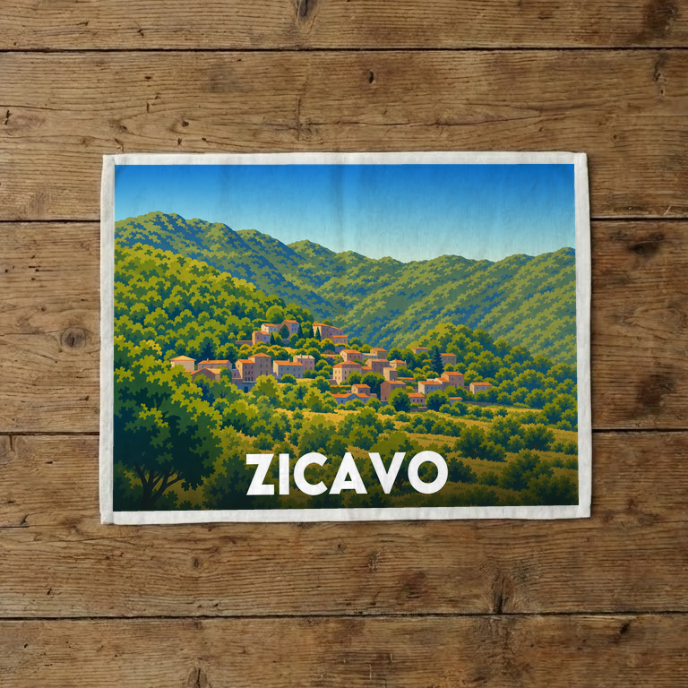 Torchon souvenir de la ville de Zicavo avec une illustration stylisée de son paysage montagneux.