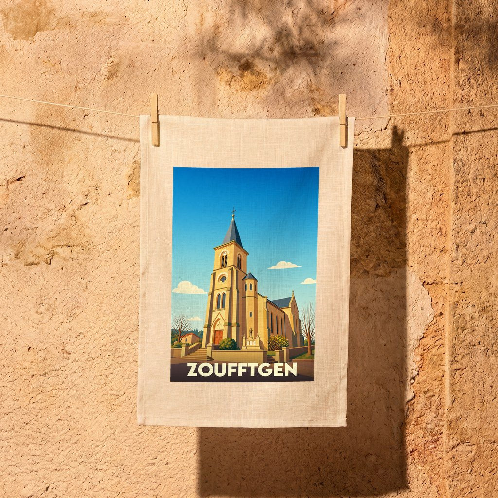 Torchon souvenir de la ville de Zoufftgen illustré d'un dessin stylisé de son église.