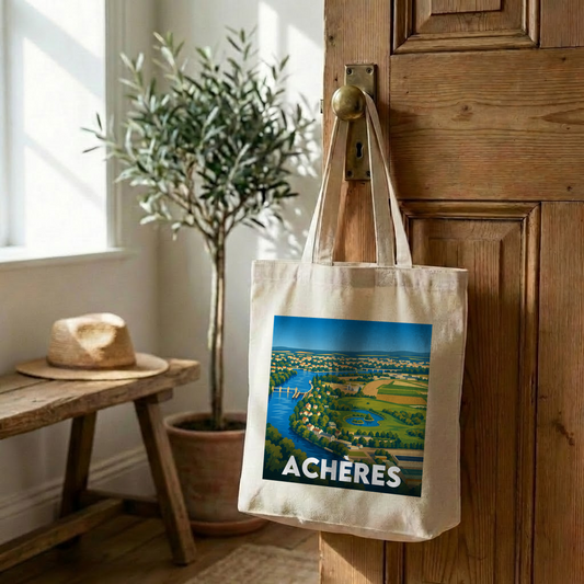 Tote bag souvenir de la ville d'Achères avec une illustration stylisée.