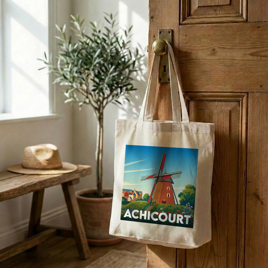 Tote bag souvenir de la ville d'Achicourt avec une illustration stylisée d'un moulin.
