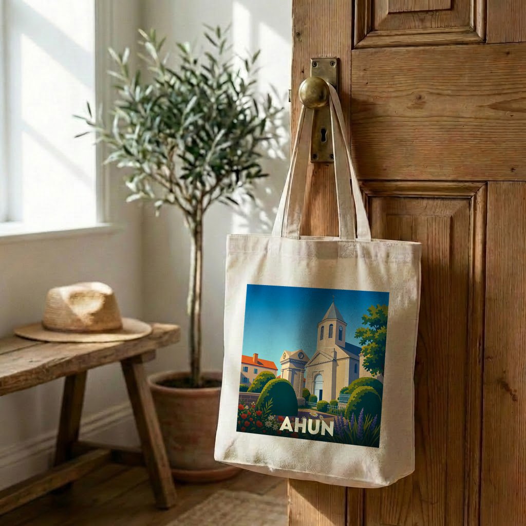 Tote bag souvenir de la ville d'Ahun avec une illustration stylisée d'une église et de jardins.