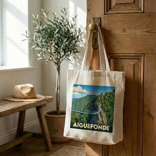 Tote bag souvenir de la ville d'Aiguefonde avec une illustration stylisée d'un pont suspendu en pleine nature.