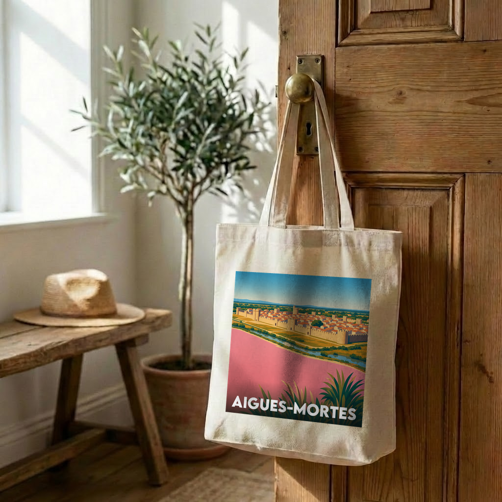 Tote bag souvenir de la ville d'Aigues-Mortes avec une illustration stylisée.