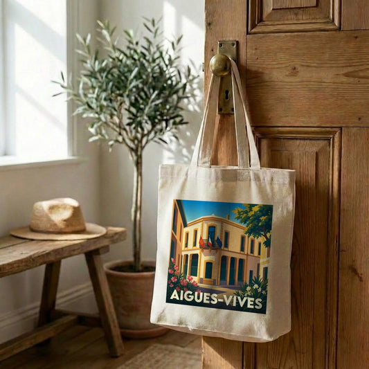 Tote bag souvenir de la ville de Aigues-Vives orné d'une illustration stylisée de sa mairie.