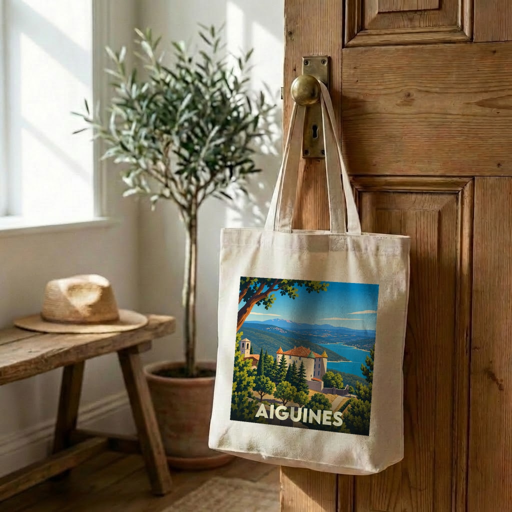 Tote bag souvenir de la ville d'Aiguines avec une illustration stylisée de son château et du lac.