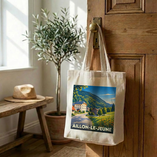 Tote bag souvenir de la ville d'Aillon-le-Jeune avec une illustration de paysage de montagne.