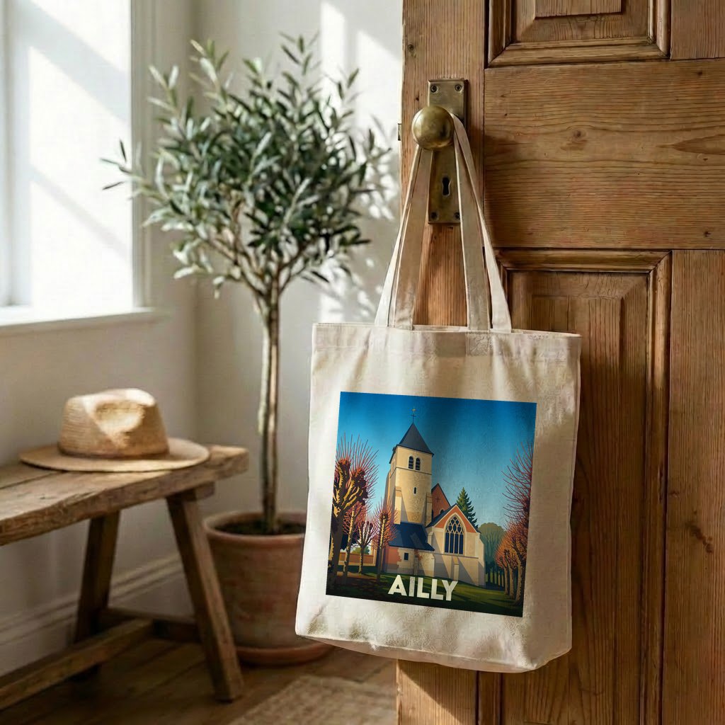 Tote bag souvenir de la ville d'Ailly avec une illustration stylisée de son église.