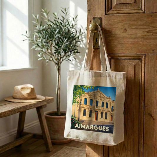 Tote bag souvenir de la ville d'Aimargues avec une illustration stylisée de son hôtel de ville.