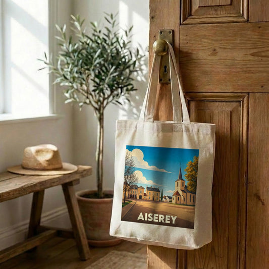 Tote bag souvenir de la ville d'Aiserey avec une illustration stylisée.