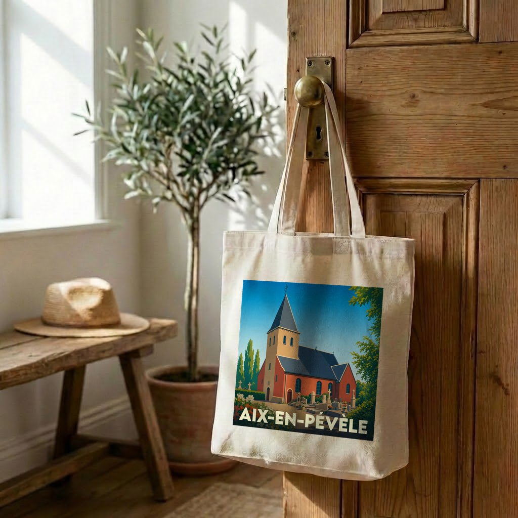 Tote bag souvenir de la ville de Aix-en-Pévèle avec une illustration stylisée de son église.