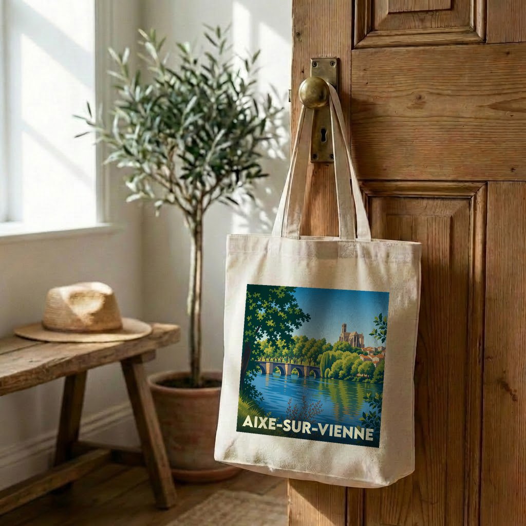 Tote bag souvenir de la ville d'Aixe-sur-Vienne avec une illustration stylisée.