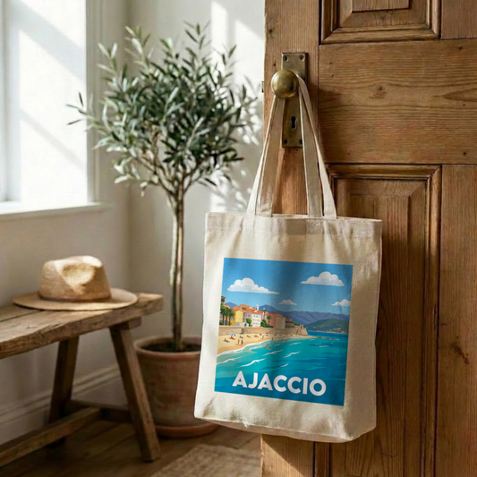 Tote bag souvenir de la ville d'Ajaccio avec une illustration stylisée.