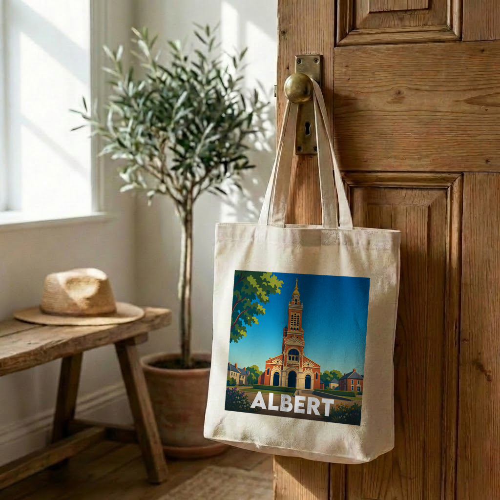 Tote bag souvenir de la ville d'Albert avec une illustration stylisée de sa basilique.