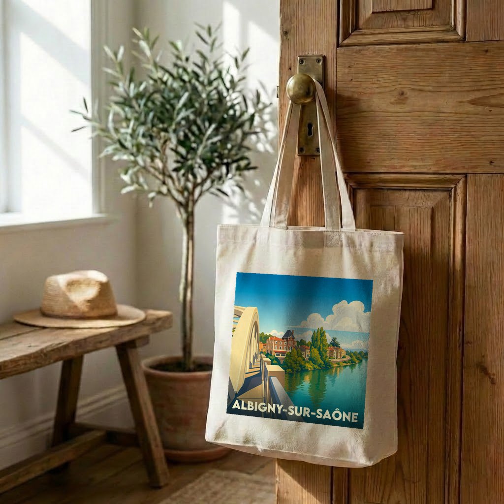Tote bag souvenir de la ville d'Albigny-sur-Saône illustré d'un paysage coloré au bord de l'eau.