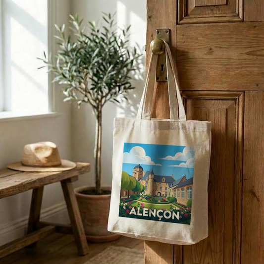 Tote bag souvenir de la ville d'Alençon avec une illustration stylisée.