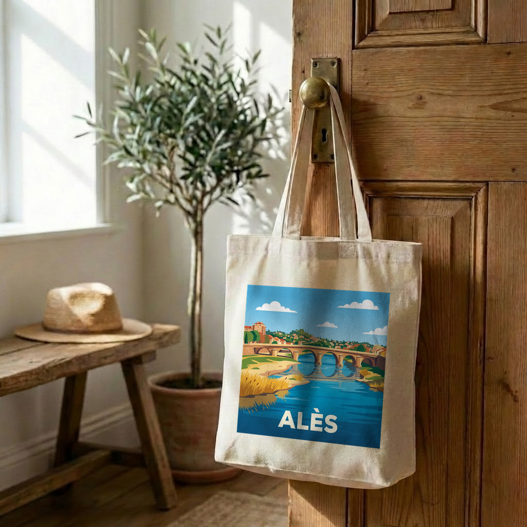 Tote bag souvenir de la ville d'Alès avec une illustration stylisée.