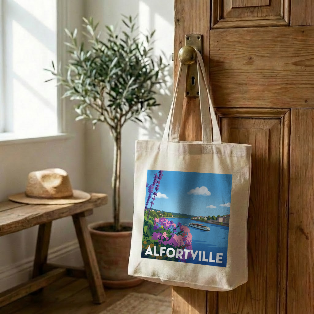 Tote bag souvenir de la ville d'Alfortville avec une illustration stylisée.