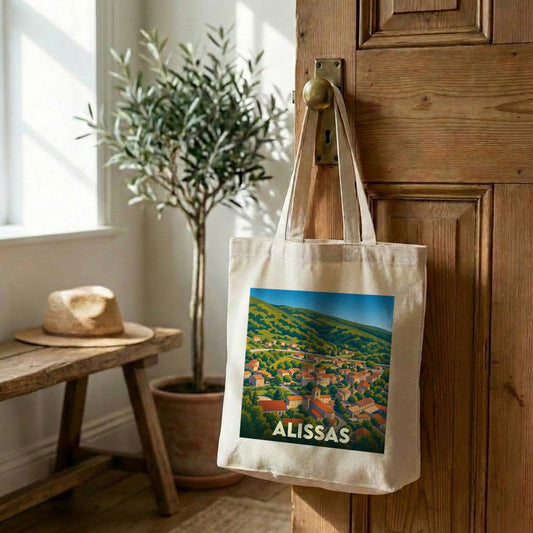 Tote bag souvenir de la ville d'Alissas avec une illustration stylisée de son paysage vallonné.