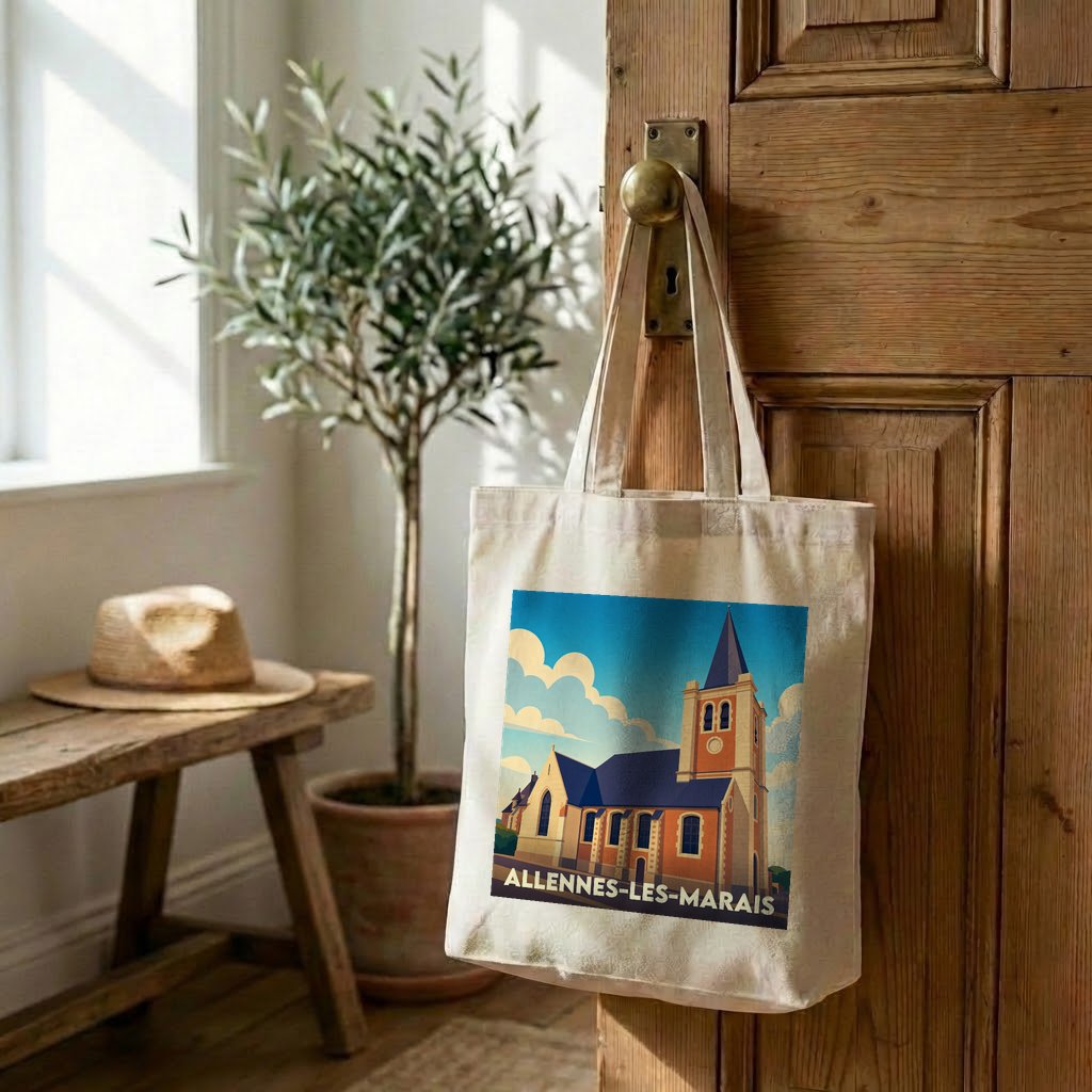 Tote bag souvenir de la ville d'Allennes-les-Marais avec une illustration stylisée de son église.