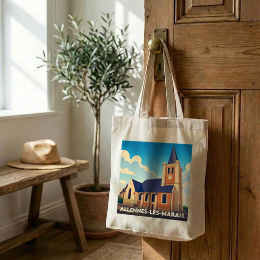 Tote bag souvenir de la ville d'Allennes-les-Marais avec une illustration stylisée de son église.