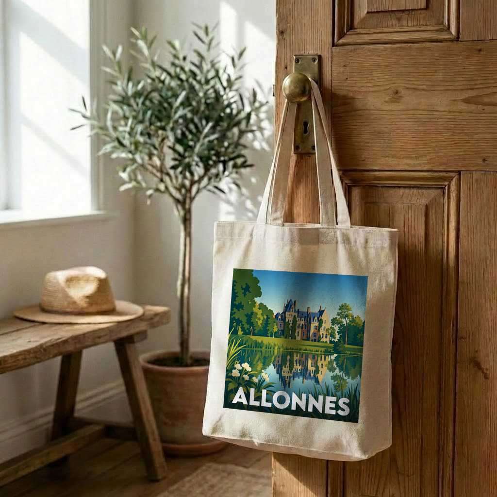 Tote bag souvenir de la ville de Allonnes avec une illustration stylisée d'un château se reflétant dans l'eau.