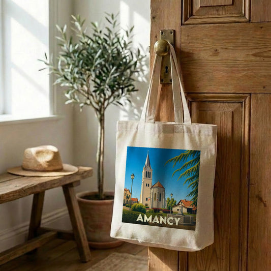 Sac cabas souvenir de la ville d'Amancy avec une illustration stylisée de son église.