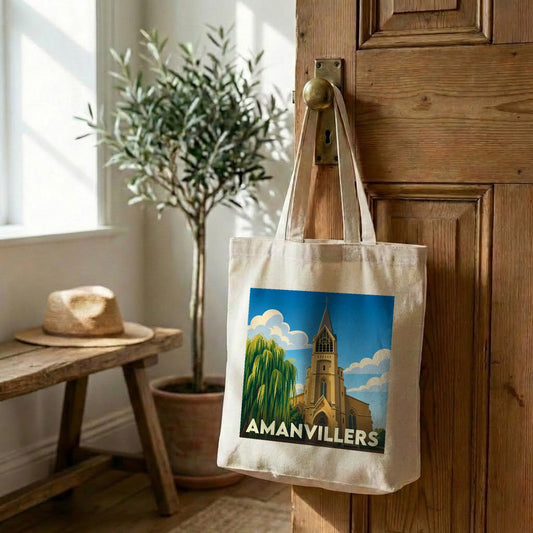 Tote bag souvenir de la ville d'Amanvillers orné d'une illustration stylisée de son église et d'un saule pleureur.