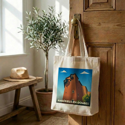 Tote bag souvenir de la ville d'Ambérieux-en-Dombes avec une illustration stylisée de son château.