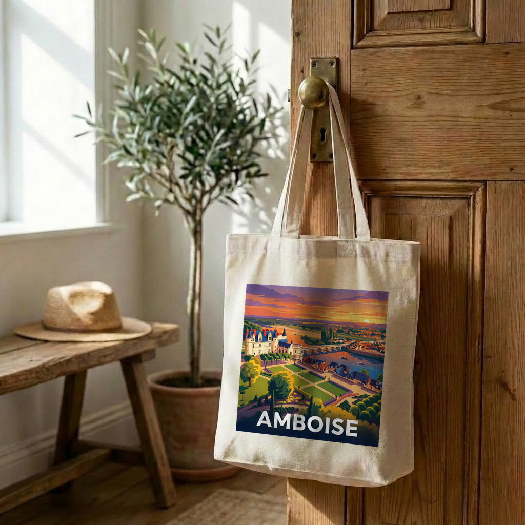 Tote bag souvenir de la ville d'Amboise avec une illustration stylisée.