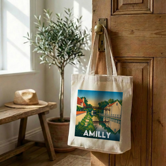 Tote bag souvenir de la ville d'Amilly avec une illustration stylisée.