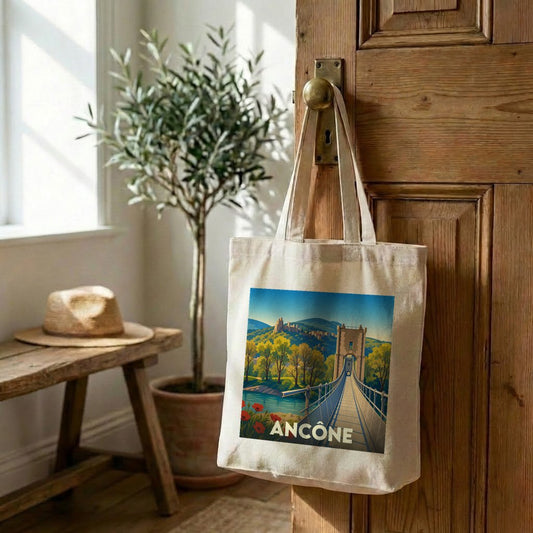 Tote bag souvenir de la ville d'Ancône orné d'une illustration stylisée de son pont.